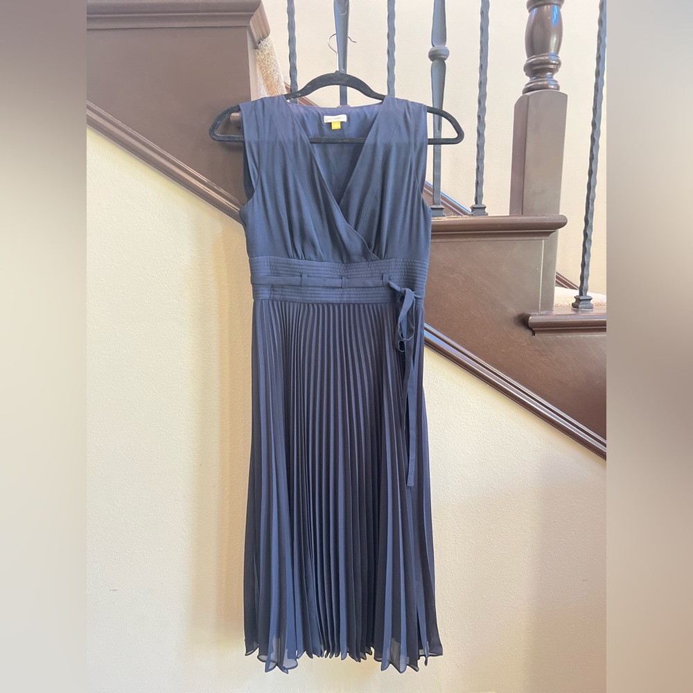 Anthropologie Leifsdottir Navy Blue Silk Merle Pleated Midi Dress Size 4P
